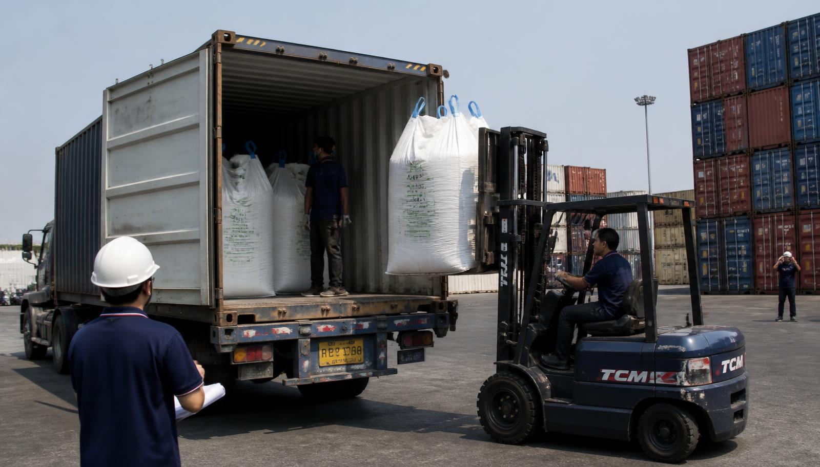 Jumbo bags of recycled PET flakes being loaded into an export shipping container
