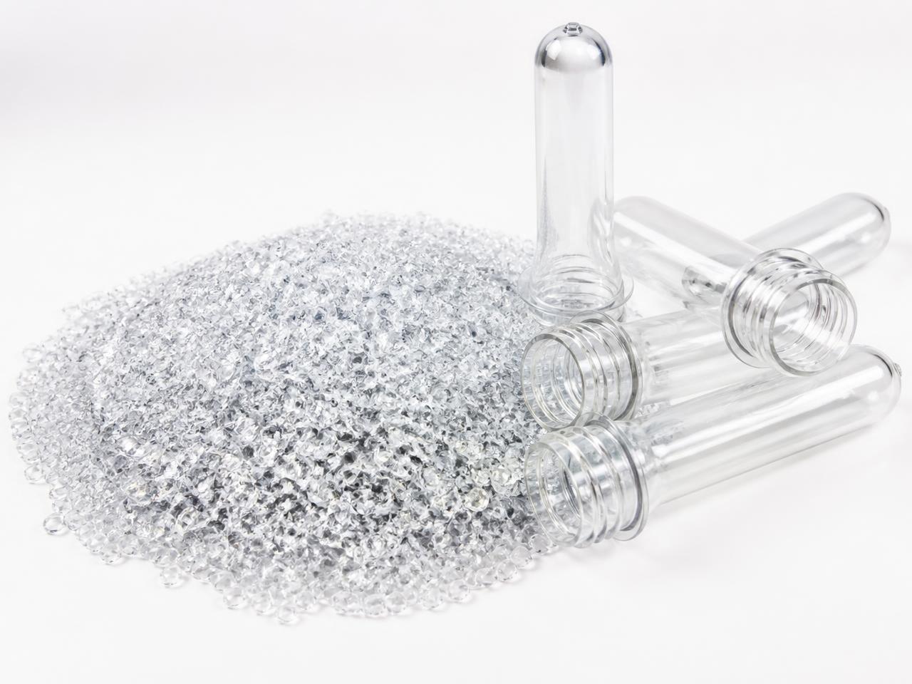 Clear PET preform regrind granules with PET preforms, recycled PET feedstock