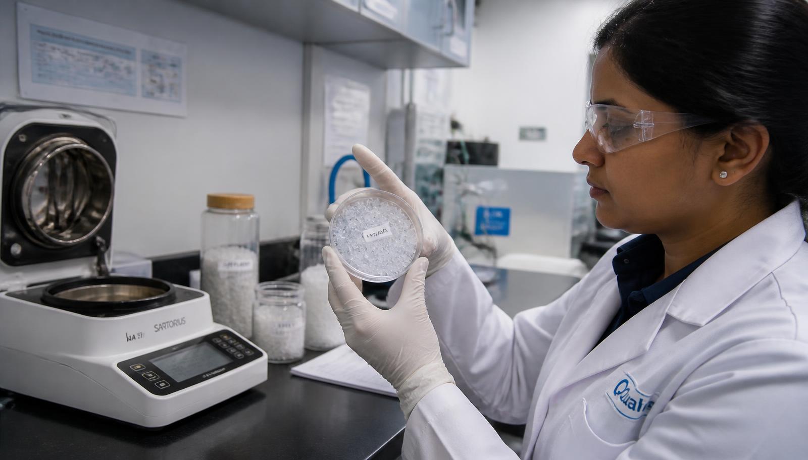 Laboratory technician inspecting recycled PET flakes with a moisture analyser