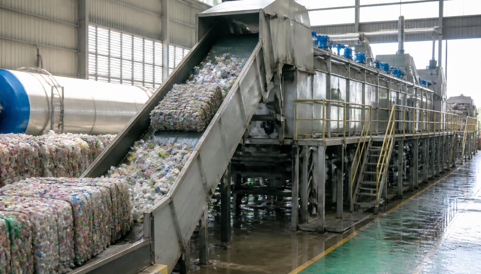 PET bottle recycling line with conveyor feeding baled PET bottles into washing equipment
