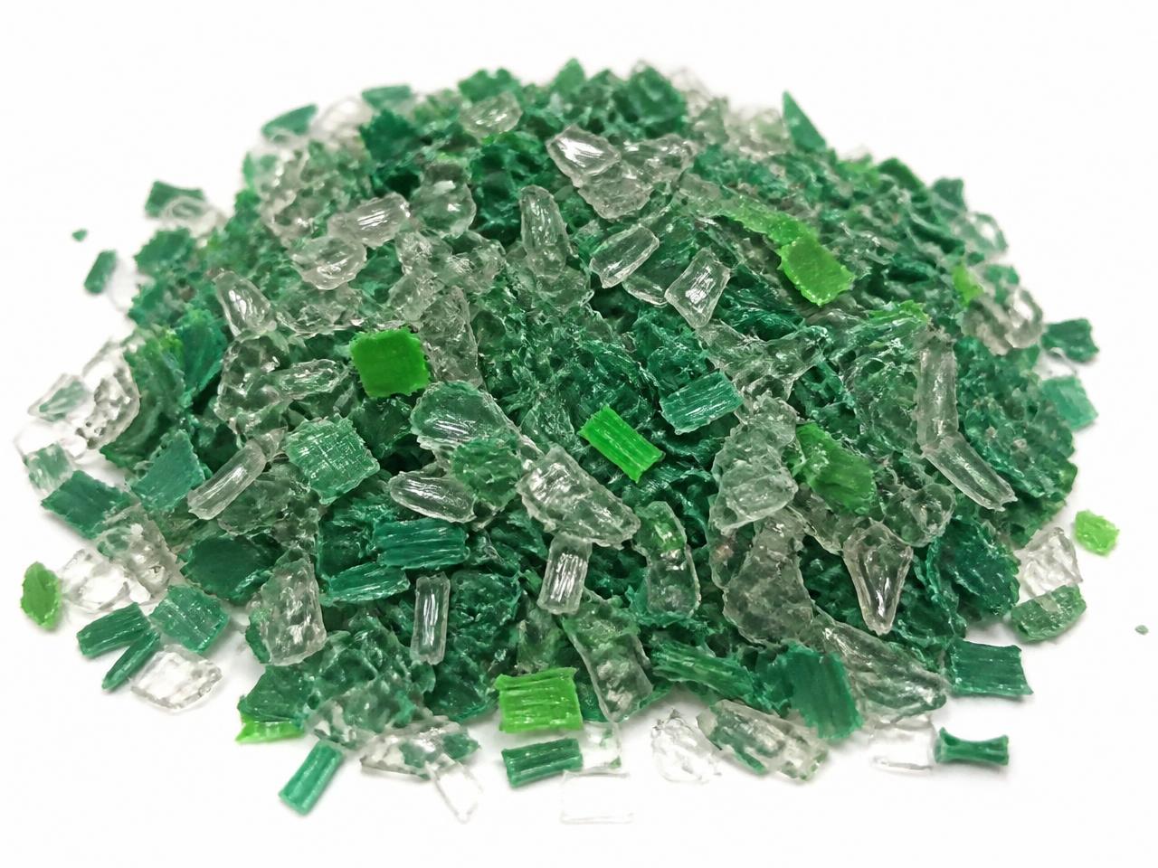 Green and clear recycled PET strapping regrind, industrial PET feedstock
